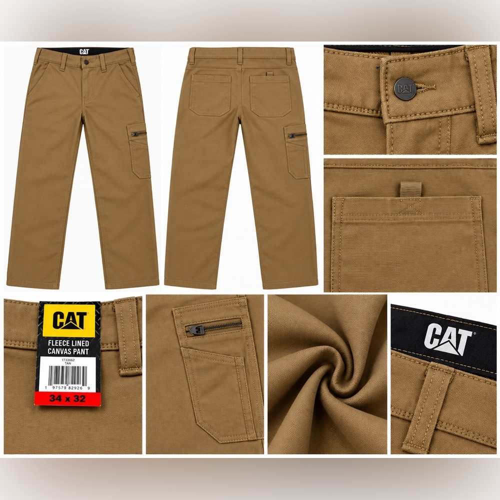 CAT Caterpillar Mens Fleece Lined Canvas Work Pants Tan 34x32 1733652
